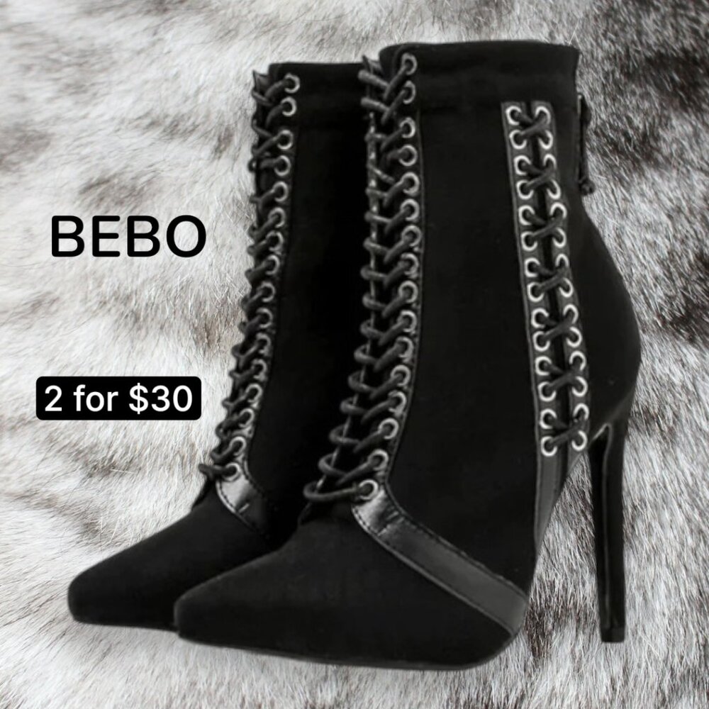 BEBO Goth Vixen Studded Lace Up Black Crushed Velevet Bootie Heels